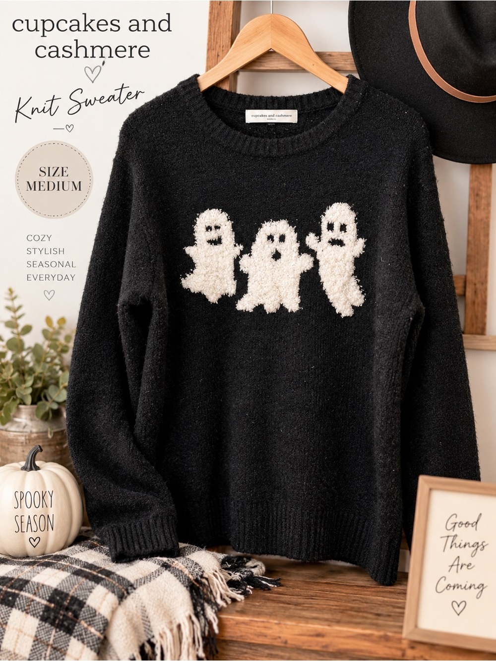 cupcakes & cashmere Black Sweater with Cream Ghost Motif